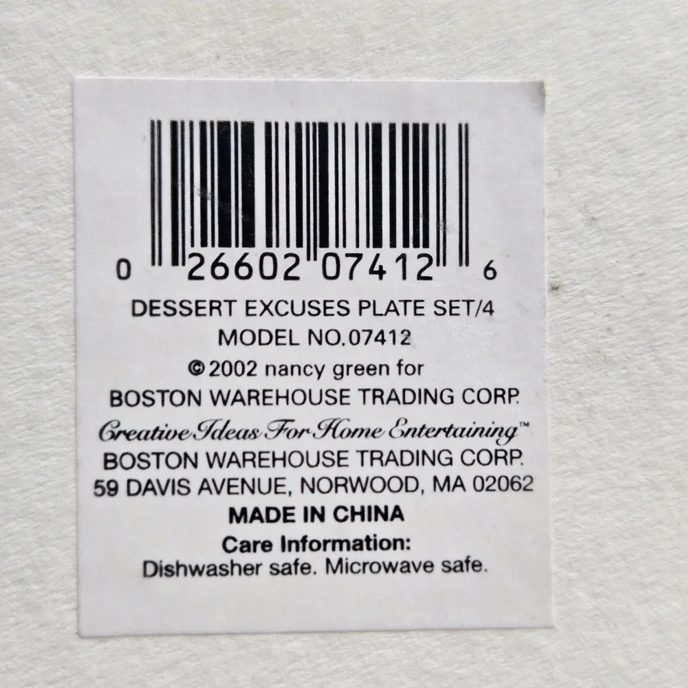 Boston Warehouse Dessert Excuses Plate Set/4 6.5